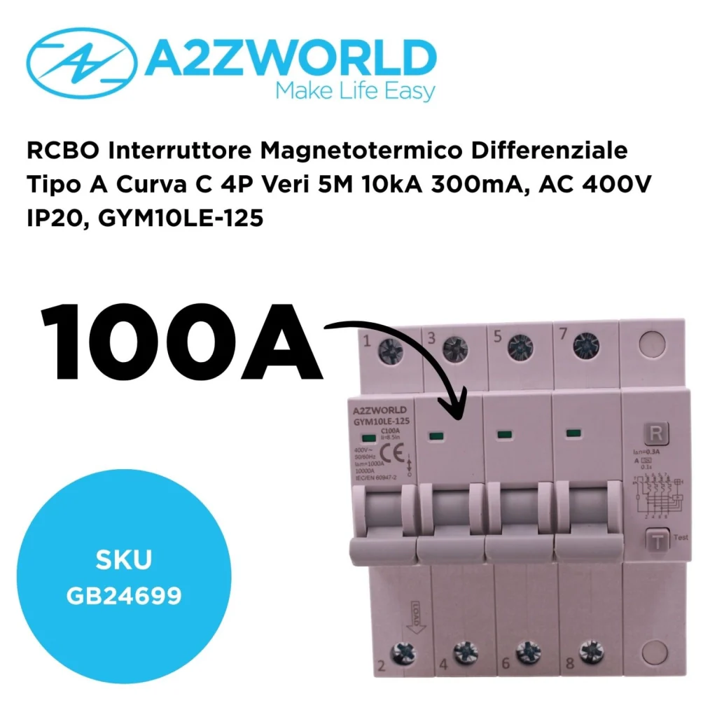 RCBO Interruttore Magnetotermico Differenziale Tipo A Curva C 4P Veri 5M 10kA 300mA, AC 400V IP20 GYM10LE-125, Disponibili 63A 80A 100A (C100A) - Image 2