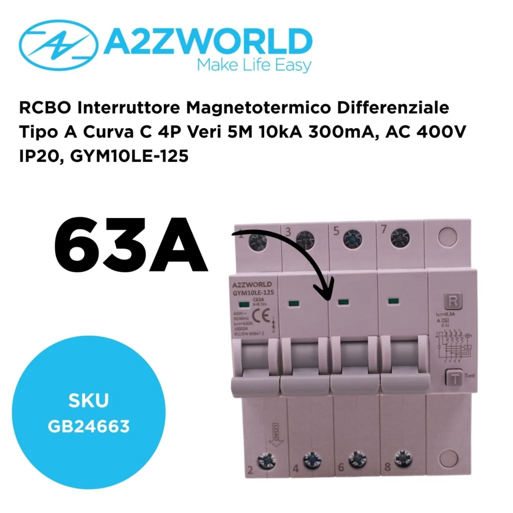 RCBO Interruttore Magnetotermico Differenziale Tipo A Curva C 4P Veri 5M 10kA 300mA, AC 400V IP20 GYM10LE-125, Disponibili 63A 80A 100A (C63A) - Image 2