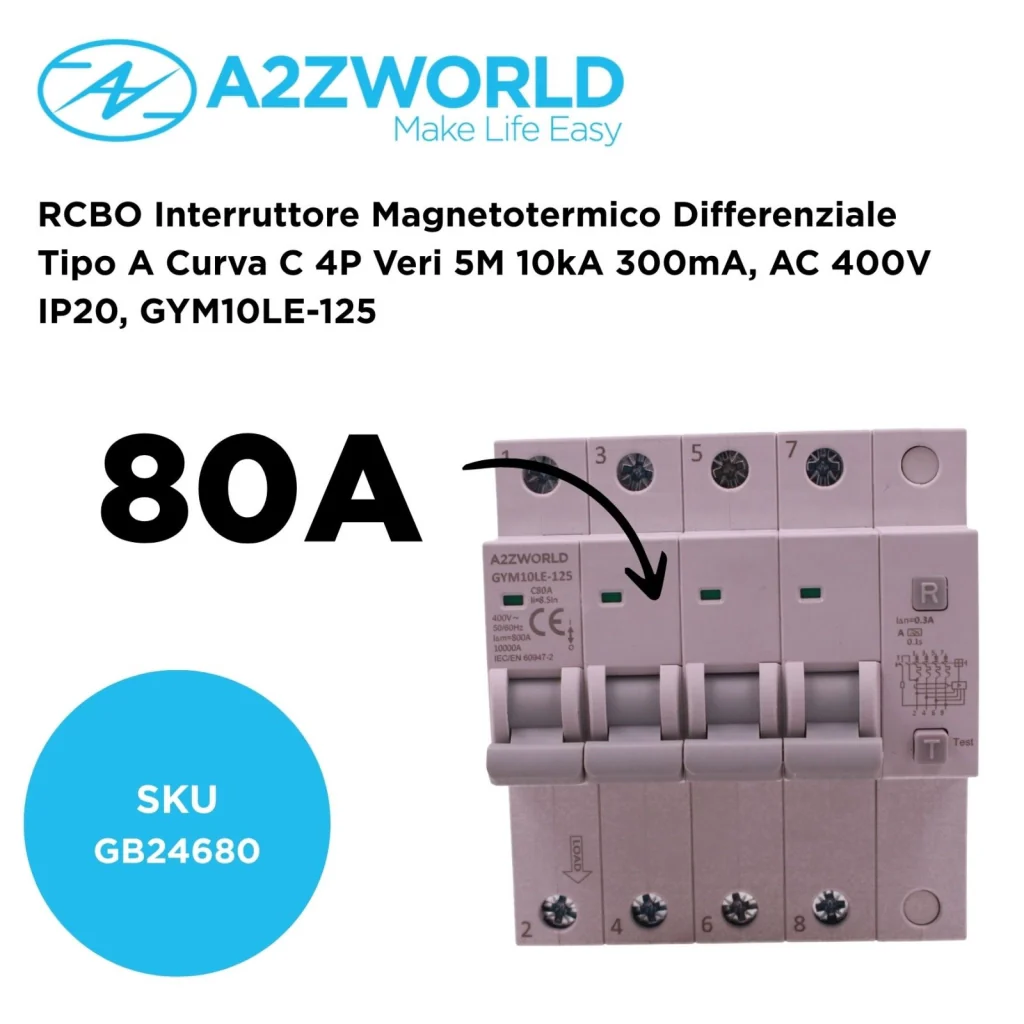RCBO Interruttore Magnetotermico Differenziale Tipo A Curva C 4P Veri 5M 10kA 300mA, AC 400V IP20 GYM10LE-125, Disponibili 63A 80A 100A (C80A) - Image 2