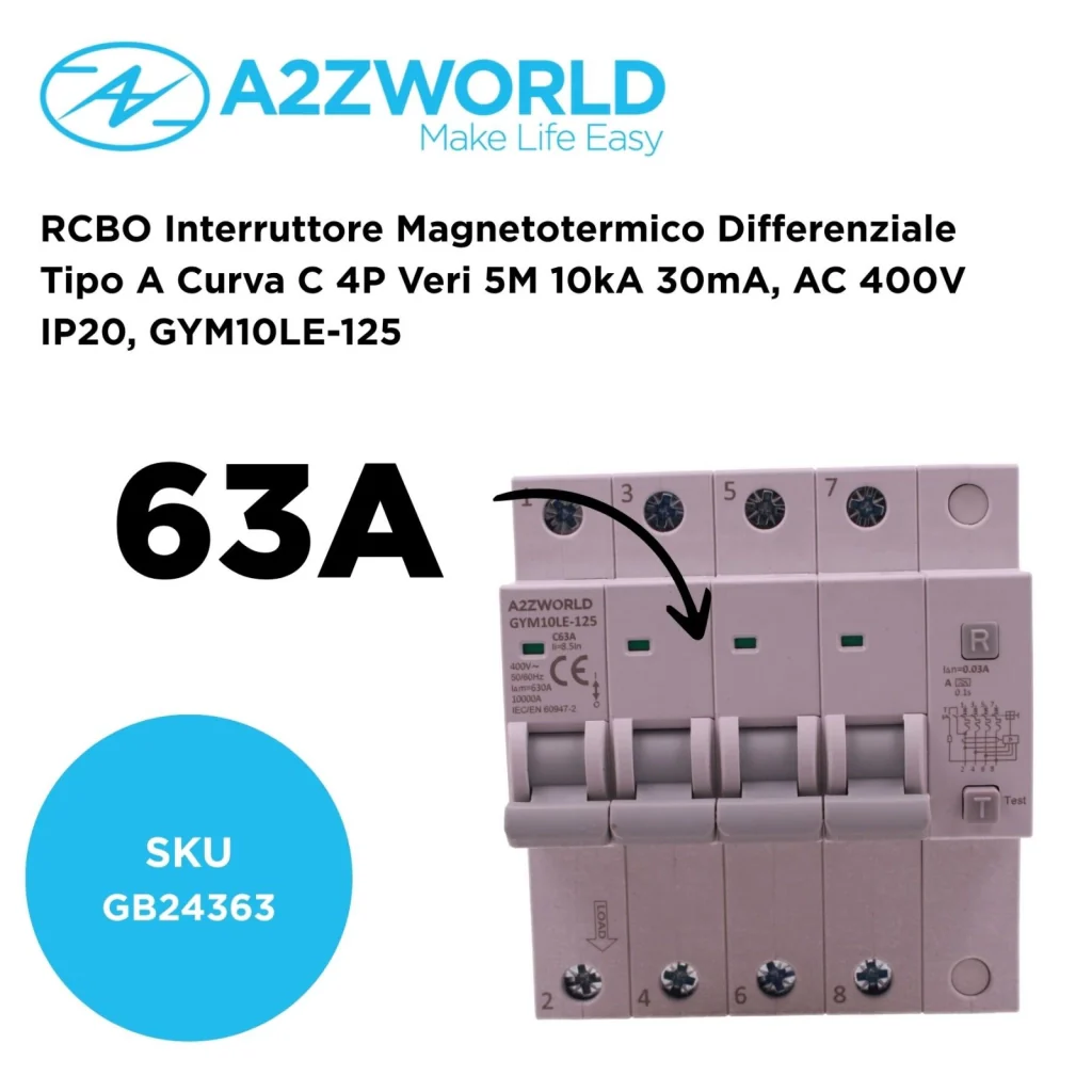 RCBO Interruttore Magnetotermico Differenziale Tipo A Curva C 4P Veri 5M 10kA 30mA, AC 400V IP20, GYM10LE-125, Disponibili 63A 80A 100A (C63A) - Image 2