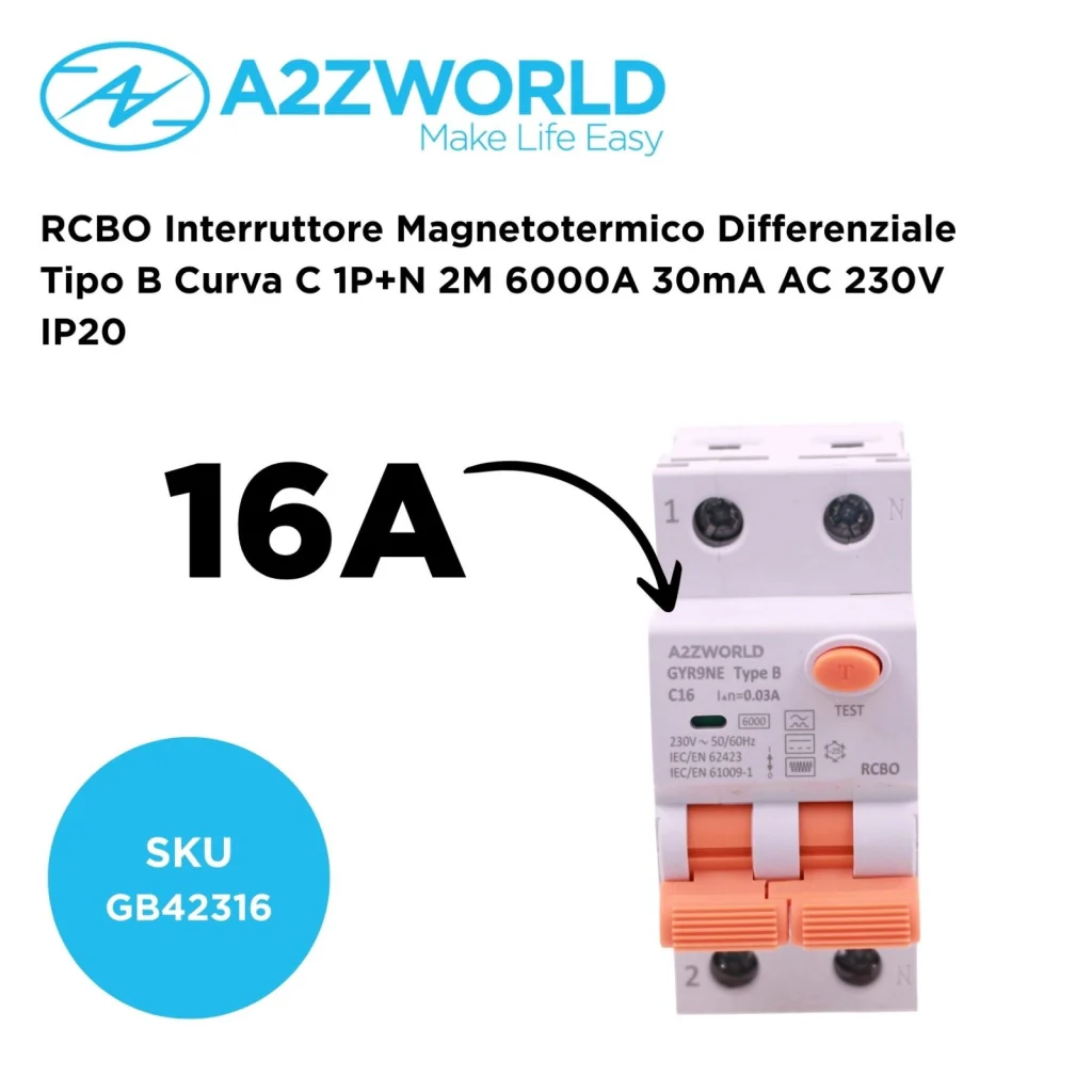RCBO Interruttore Magnetotermico Differenziale Tipo B Curva C 1P+N 2M 6000A 30mA AC 230V IP20 Disponibili 16A 20A 25A 32A 40A (C16A) - Image 2