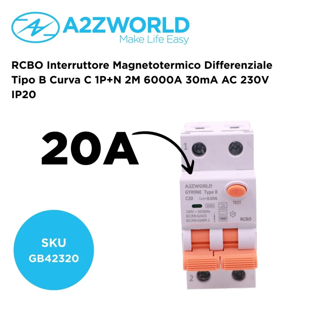 RCBO Interruttore Magnetotermico Differenziale Tipo B Curva C 1P+N 2M 6000A 30mA AC 230V IP20 Disponibili 16A 20A 25A 32A 40A (C20A) - Image 2
