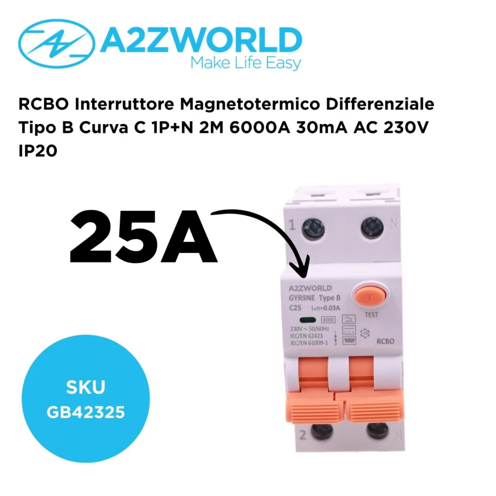 RCBO Interruttore Magnetotermico Differenziale Tipo B Curva C 1P+N 2M 6000A 30mA AC 230V IP20 Disponibili 16A 20A 25A 32A 40A (C25A) - Image 2