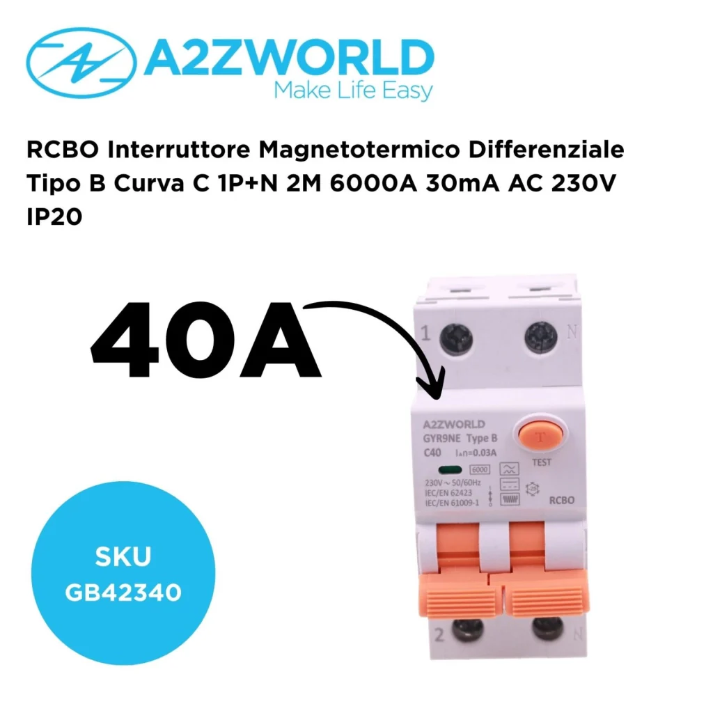 RCBO Interruttore Magnetotermico Differenziale Tipo B Curva C 1P+N 2M 6000A 30mA AC 230V IP20 Disponibili 16A 20A 25A 32A 40A (C40A) - Image 2