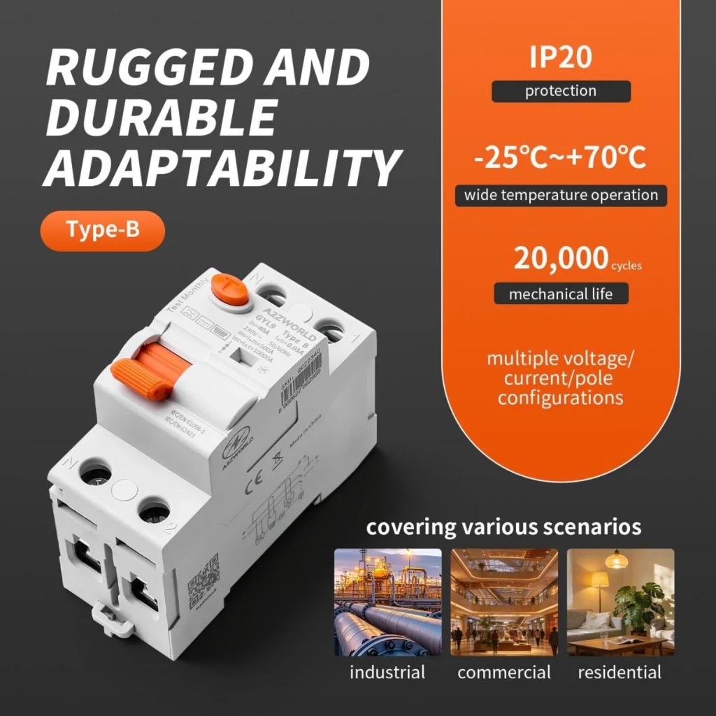 RCCB Interruttore Differenziale Puro Tipo B 1P+N 2M 10000A 300mA 63A AC 230V IP20 IEC61008-1 / IEC62423 GYL9 - Image 3