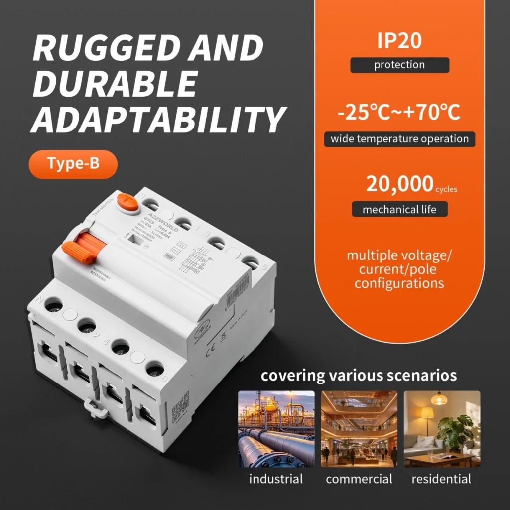 RCCB Interruttore Differenziale Puro Tipo B 3P+N 4M 10000A 300mA 63A AC 400V IP20 IEC61008-1 / IEC62423 GYL9 - Image 3