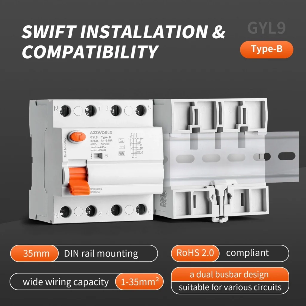 RCCB Interruttore Differenziale Puro Tipo B 3P+N 4M 10000A 300mA 63A AC 400V IP20 IEC61008-1 / IEC62423 GYL9 - Image 4