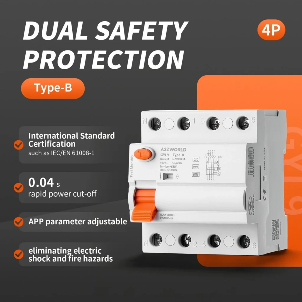 RCCB Interruttore Differenziale Puro Tipo B 3P+N 4M 10000A 30mA 63A AC 400V IP20 IEC61008-1 / IEC62423 GYL9 - Image 2