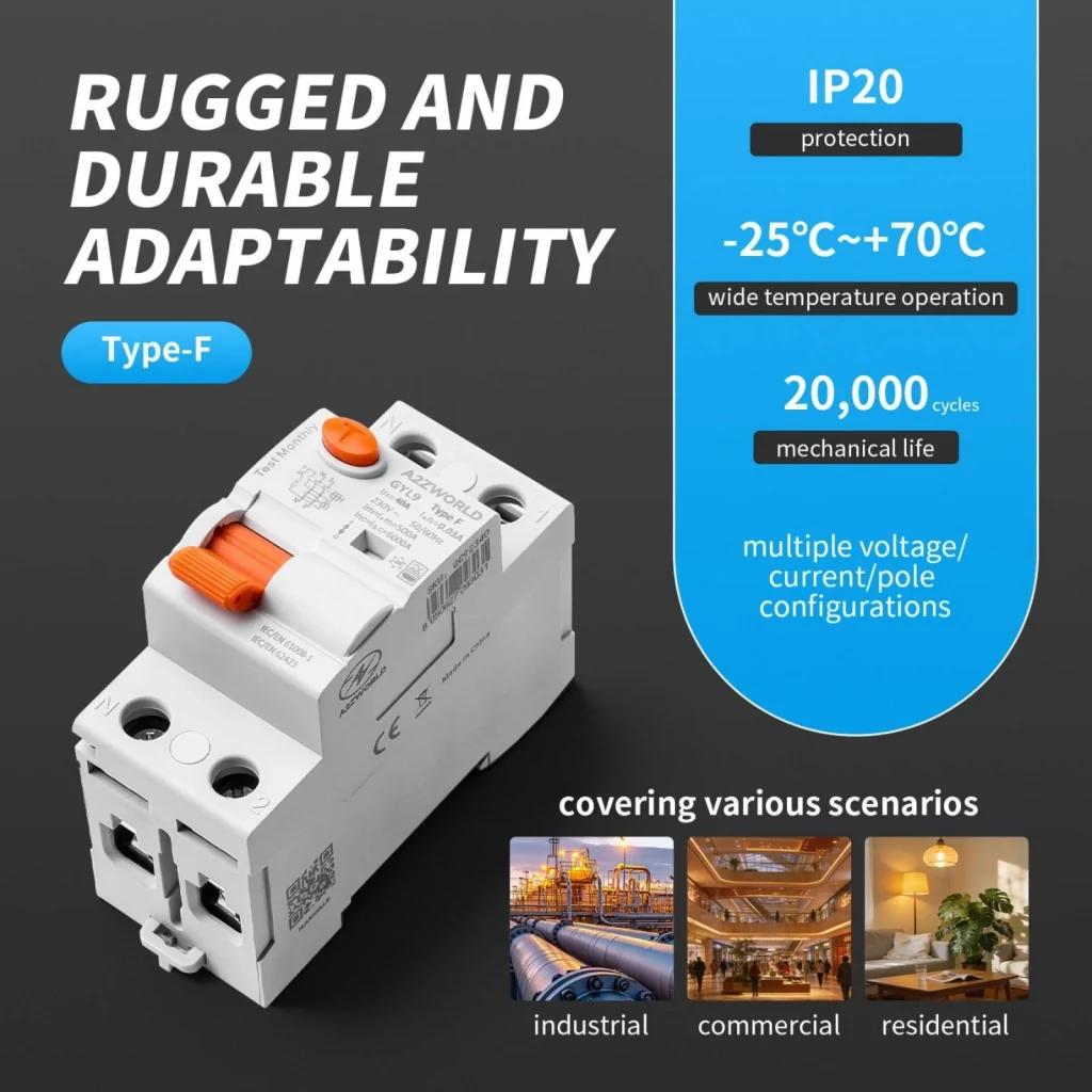 RCCB Interruttore Differenziale Puro Tipo F 1P+N 2M 6000A 300mA 63A AC 230V IP20 IEC61008-1 GYL9 - Image 6