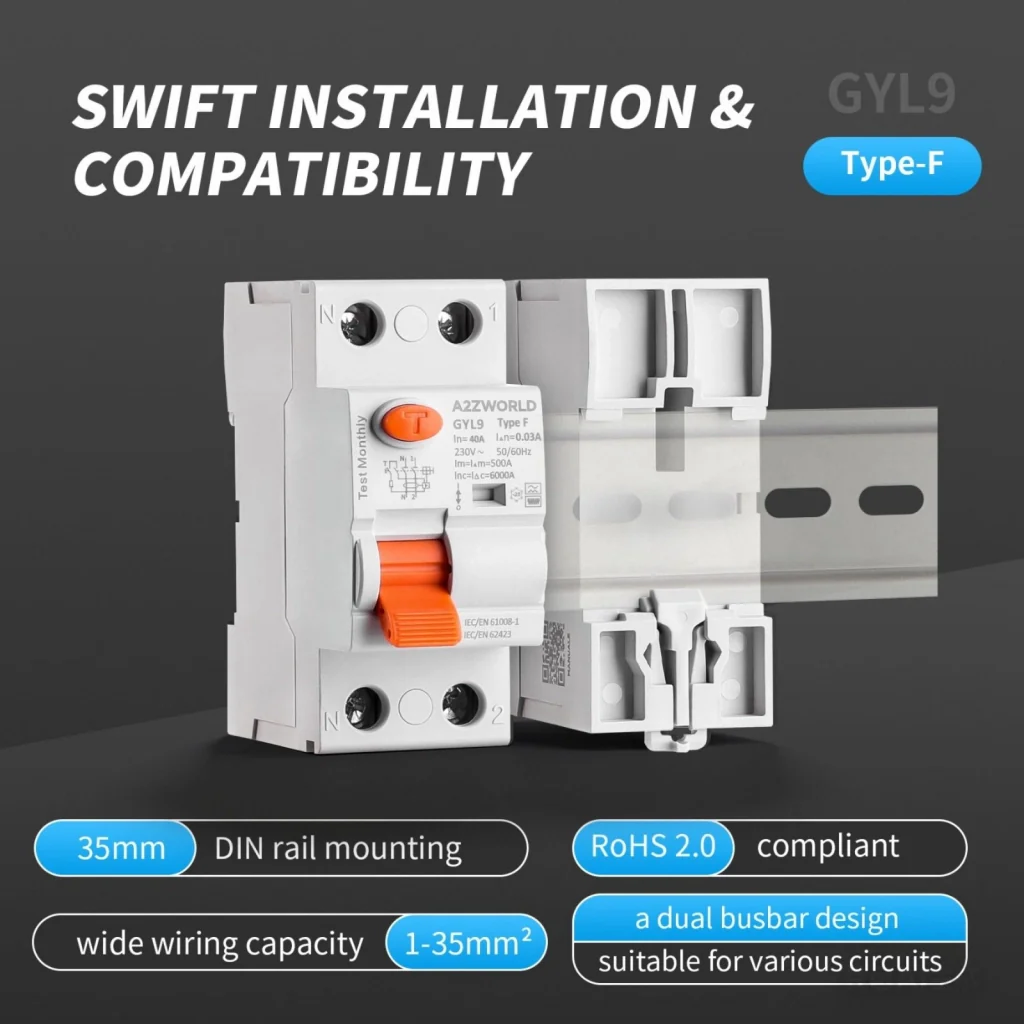 RCCB Interruttore Differenziale Puro Tipo F 1P+N 2M 6000A 30mA 25A AC 230V IP20 IEC61008-1 GYL9 - Image 4