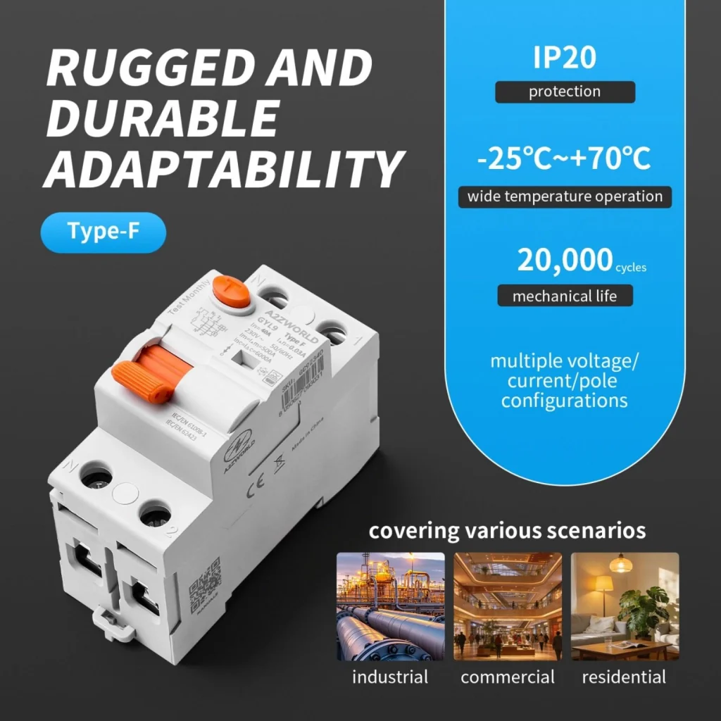 RCCB Interruttore Differenziale Puro Tipo F 1P+N 2M 6000A 30mA 63A AC 230V IP20 IEC61008-1 GYL9 - Image 6