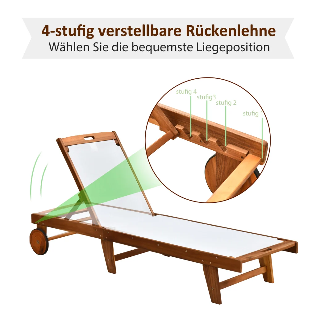 Relax Lounge Chair Garden Lounge Cabinet Garden Garden Cabinet regolabile Legno di acacia naturale + tessile bianco 198 x 55 x 30-88 5 cm - Image 4