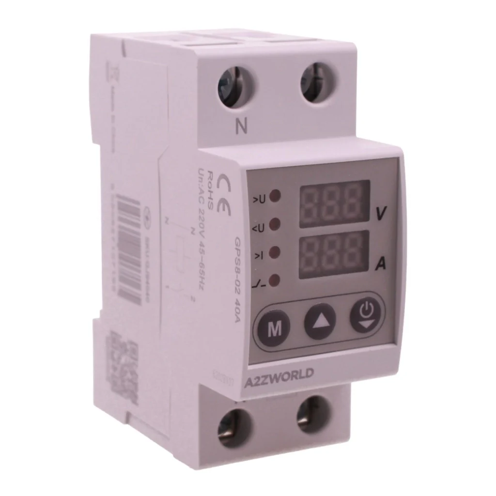 Relè Monitoraggio e Protezione Tensione Corrente con Display, 2P Monofase 40A AC220V, Protezione Sovra/Sottotensione e Sovracorrente, Guida DIN, Ingresso da Sotto, GPS8-02