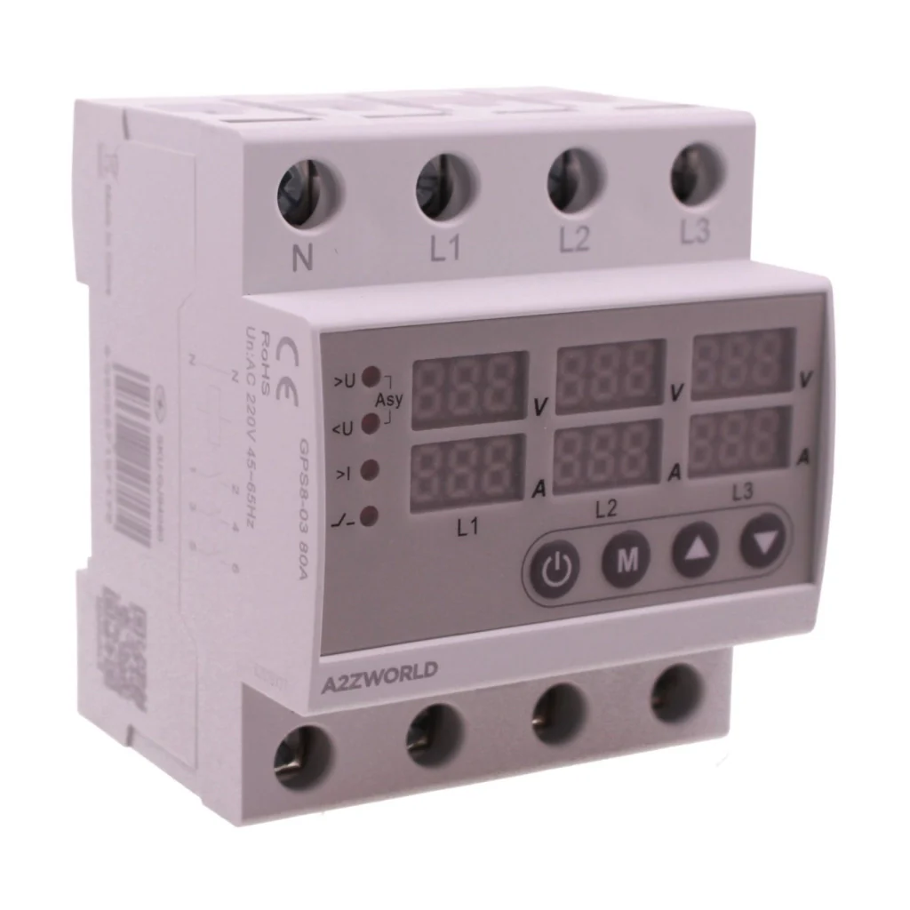Relè Monitoraggio e Protezione Tensione Corrente con Display, 4P Trifase 80A AC220V, Protezione Sovra/Sottotensione e Sovracorrente, Guida DIN, Ingresso da Sotto, GPS8-03