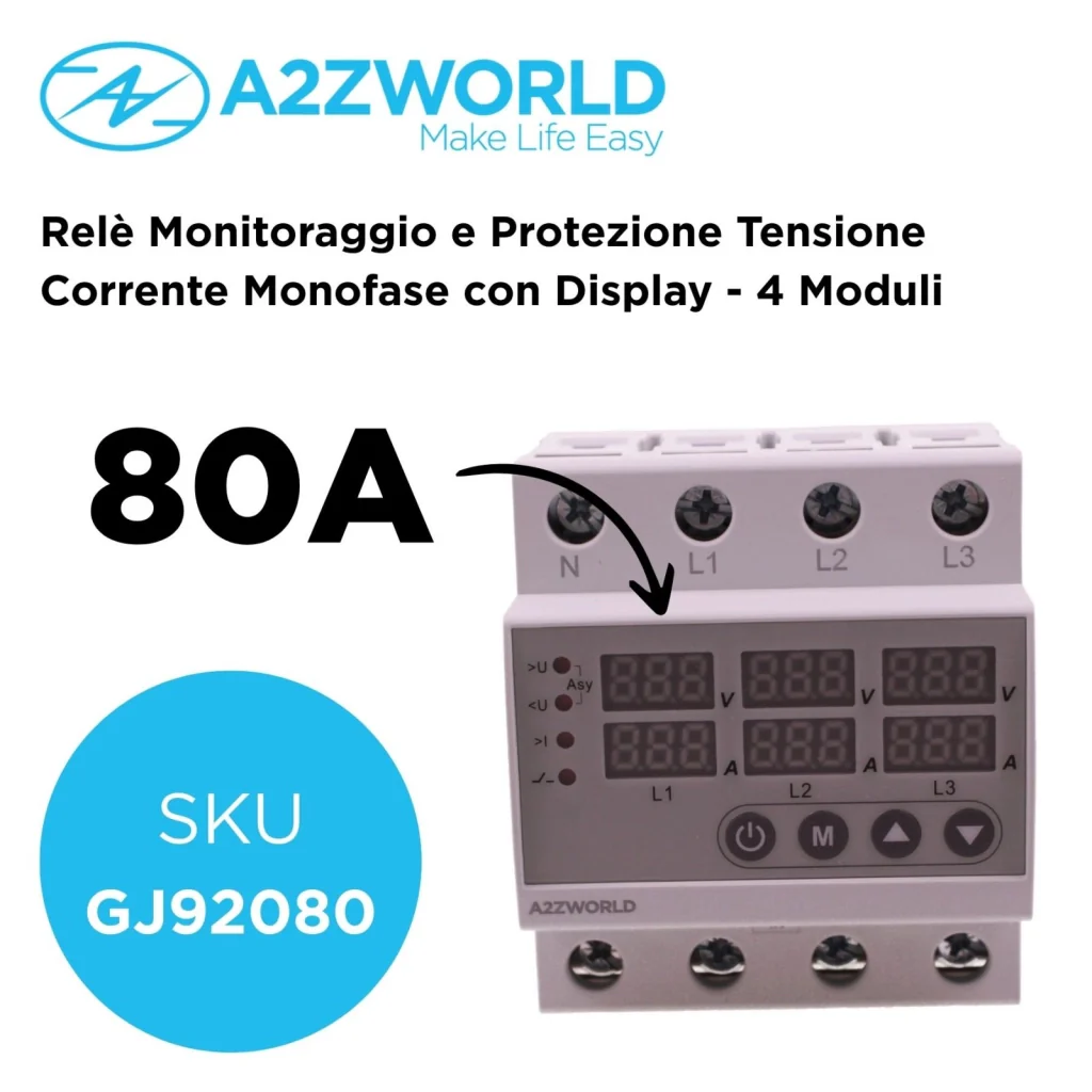 Relè Monitoraggio e Protezione Tensione Corrente con Display, 4P Trifase 80A AC220V, Protezione Sovra/Sottotensione e Sovracorrente, Guida DIN, Ingresso da Sotto, GPS8-03 - Image 2