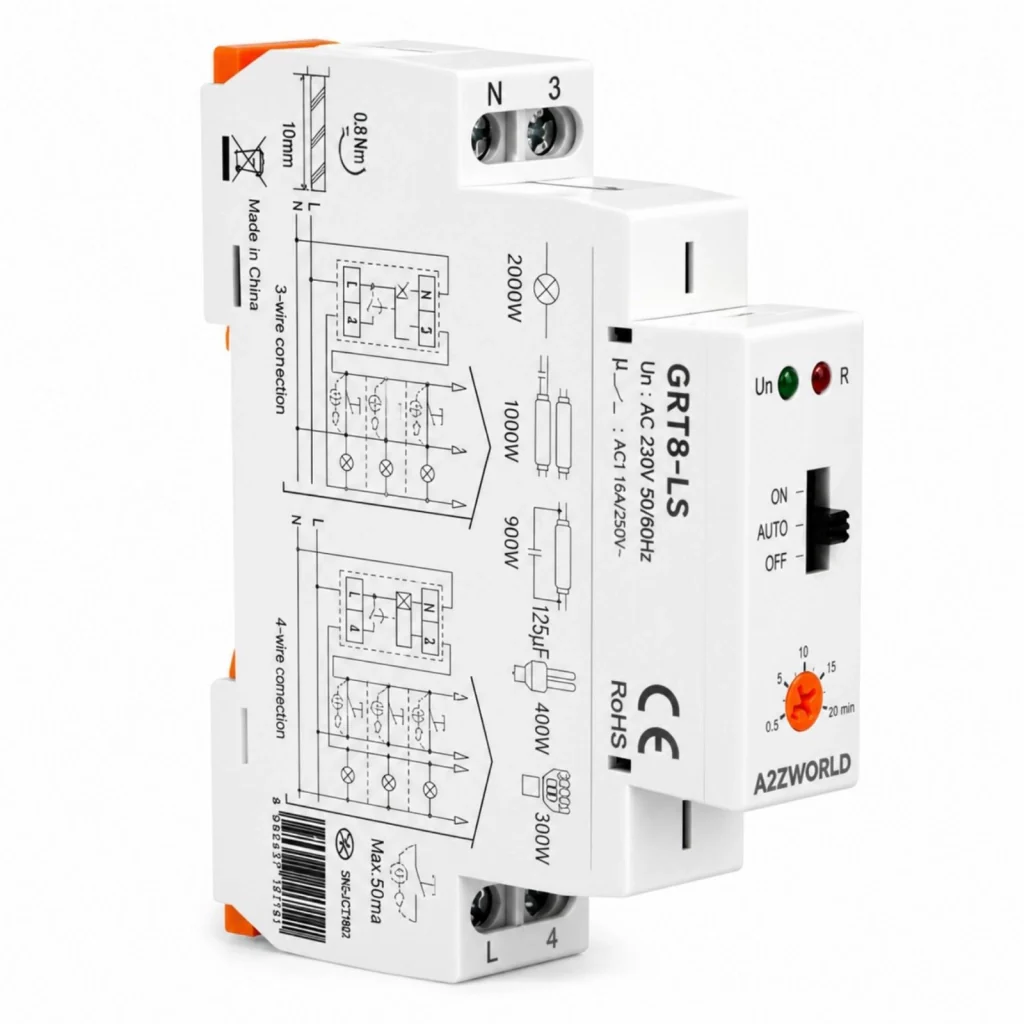Relè Temporizzato Luci Scale 230V AC, Temporizzatore Auto ON OFF, 16A, 0,5-20 Minuti, 1 Modulo DIN, per Corridoi Ingressi Scale e Ventole Bagno, GRT8-LS