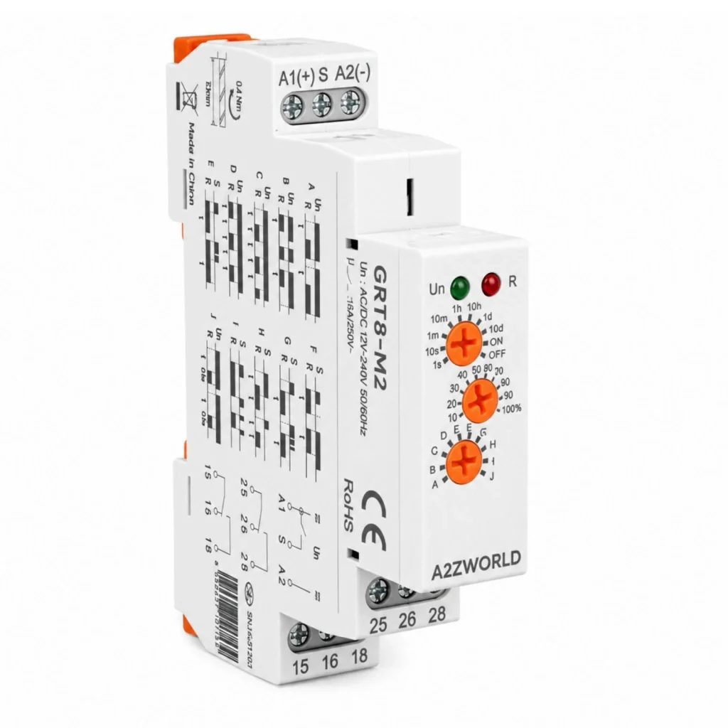 Relè Temporizzato Multifunzione Modulare, AC/DC 12V 24V 220V, 2 Scambi SPDT 16A, 10 Funzioni, Timer 0,1s-10 Giorni, 1 Modulo DIN, GRT8-M2-W240