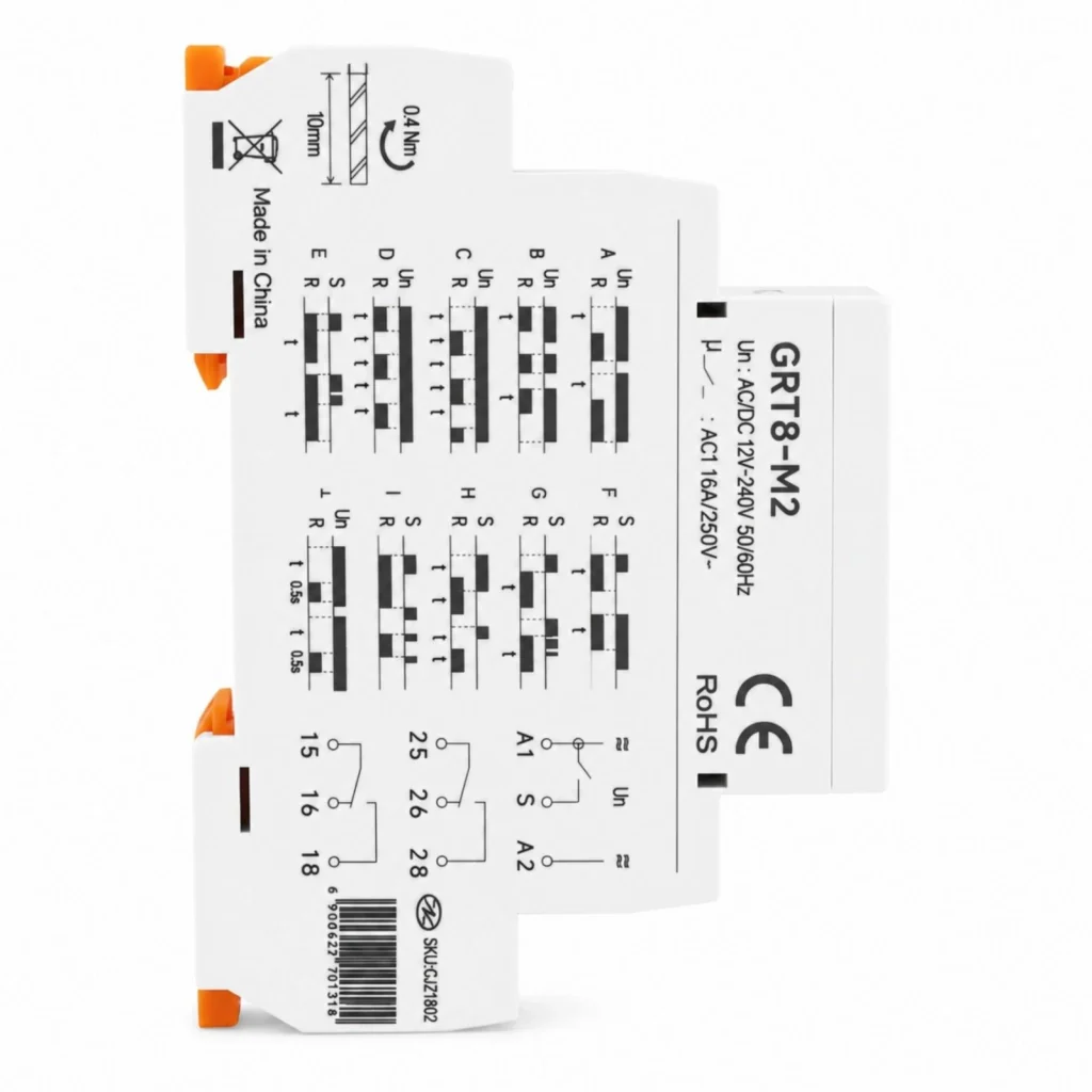 Relè Temporizzato Multifunzione Modulare, AC/DC 12V 24V 220V, 2 Scambi SPDT 16A, 10 Funzioni, Timer 0,1s-10 Giorni, 1 Modulo DIN, GRT8-M2-W240 - Image 3