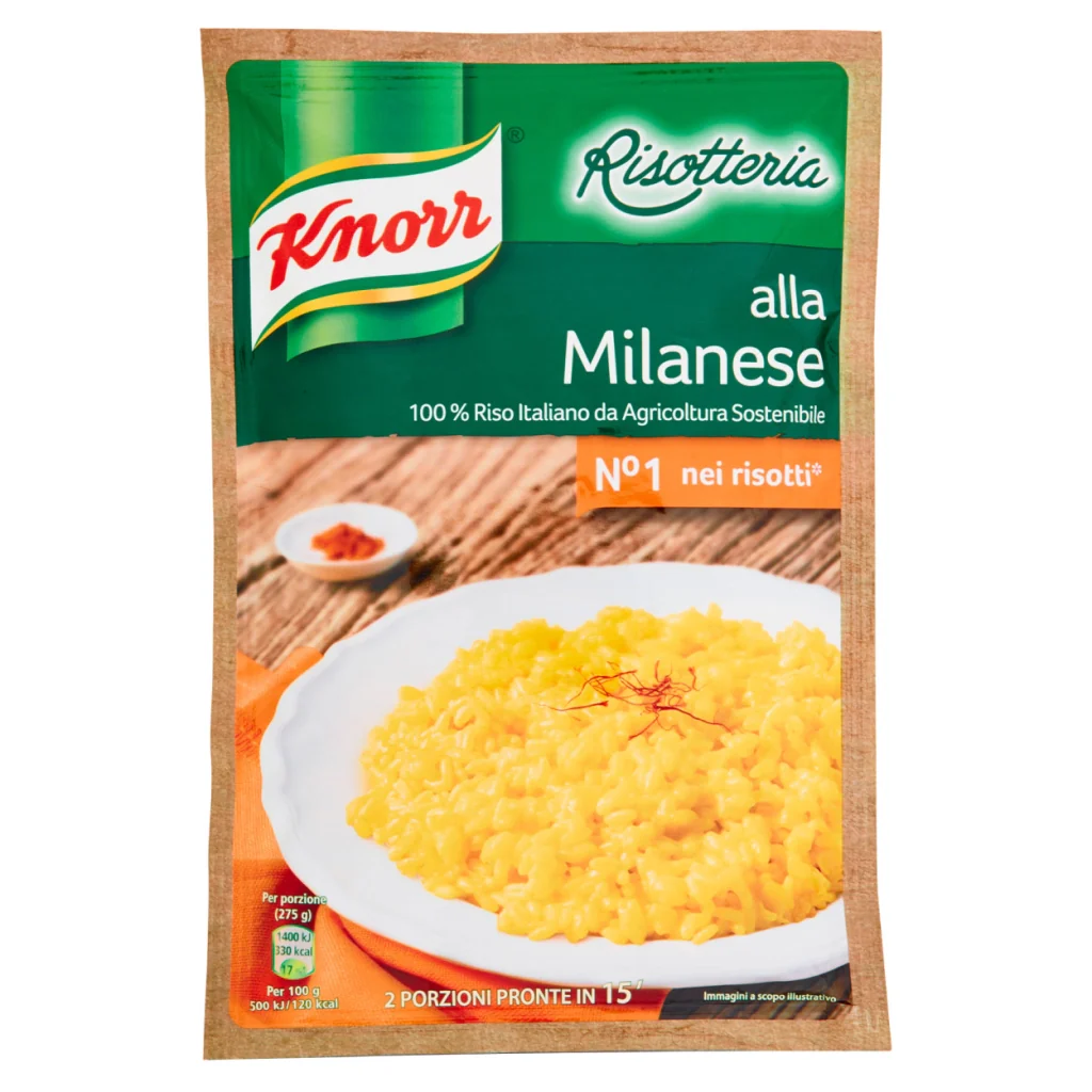 Risotto alla milanese 100% 175 g riso italiano 2 porzioni pronte in 15 minuti knorr