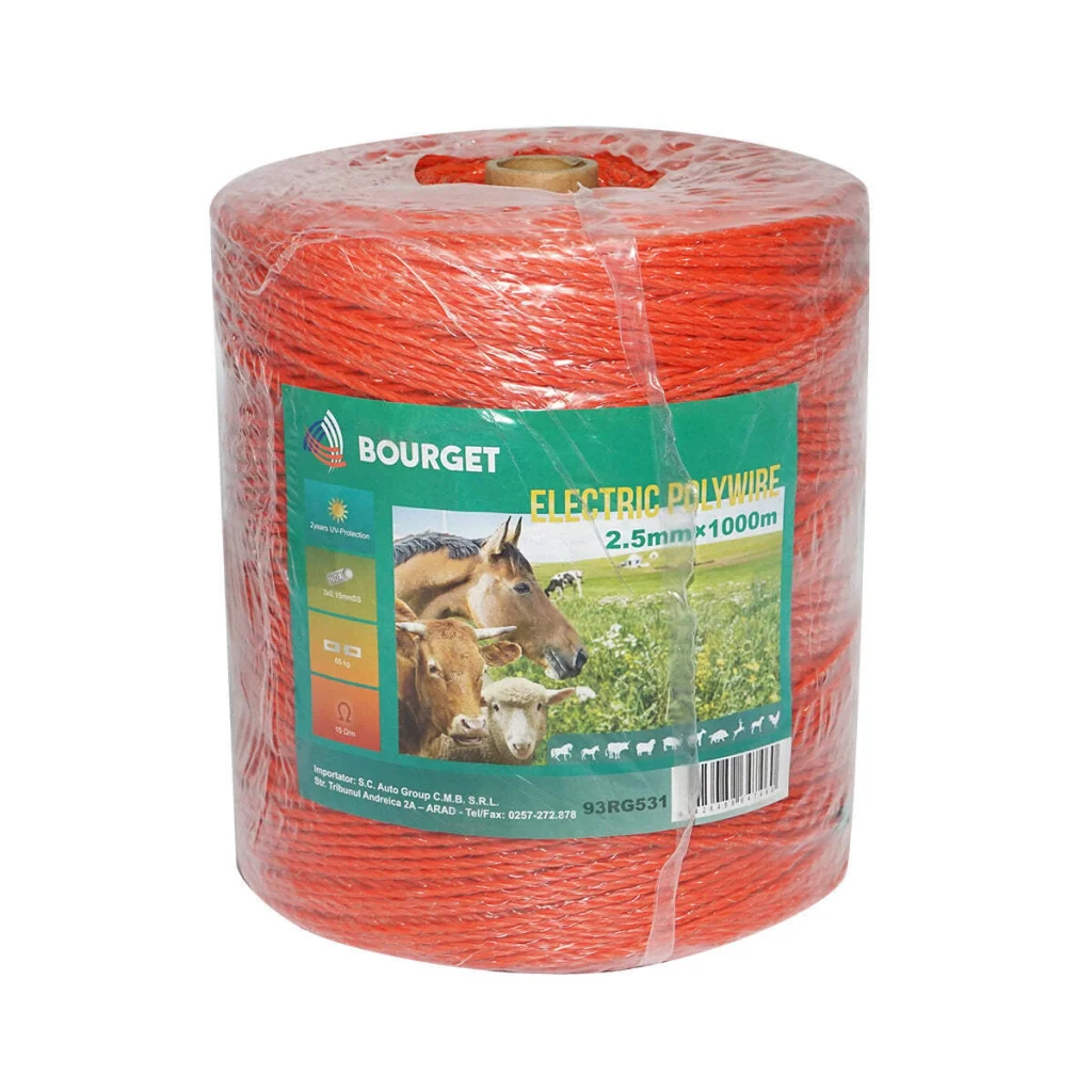 Rolo di filo arancione, diametro 2.5 mm, 3x0.15 mm SS, 1000 m per recinzione elettrica, resistenza 15 Ohm, Bourget - Image 2