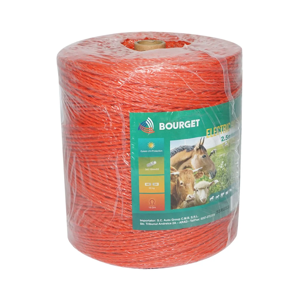 Rolo di filo arancione, diametro 2.5 mm, 3x0.15 mm SS, 1000 m per recinzione elettrica, resistenza 15 Ohm, Bourget - Image 3