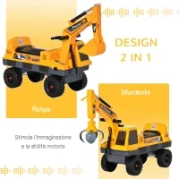 Ruspa Giocattolo 2 in 1 con Escavatore e Mordente, Vano Nascosto, Gioco Cavalcabile Bambini 2-3 Anni, 90x28x58cm, Giallo - Image 4