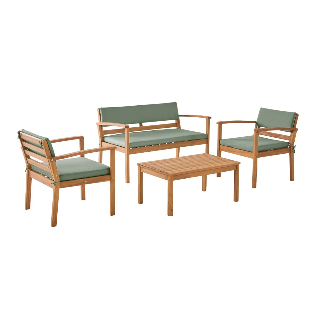 Salotto da giardino in legno di acacia, 4 posti, verde kaki