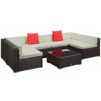 Salotto da Giardino in Rattan da 7 Pezzi con Tavolino e Divano Modulabile con Cuscini, Crema