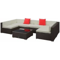 Salotto da Giardino in Rattan da 7 Pezzi con Tavolino e Divano Modulabile con Cuscini, Crema - Image 10