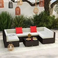 Salotto da Giardino in Rattan da 7 Pezzi con Tavolino e Divano Modulabile con Cuscini, Crema - Image 2