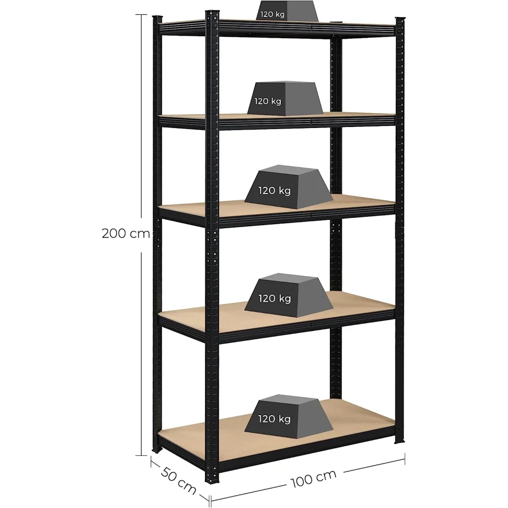 Scaffalatura metallica per carichi pesanti 200 x 100 x 50 cm 5 ripiani portata totale 875 kg (175 kg/ripiano) ripiani regolabili per garage/cantina nero 12_0005591 - Image 2