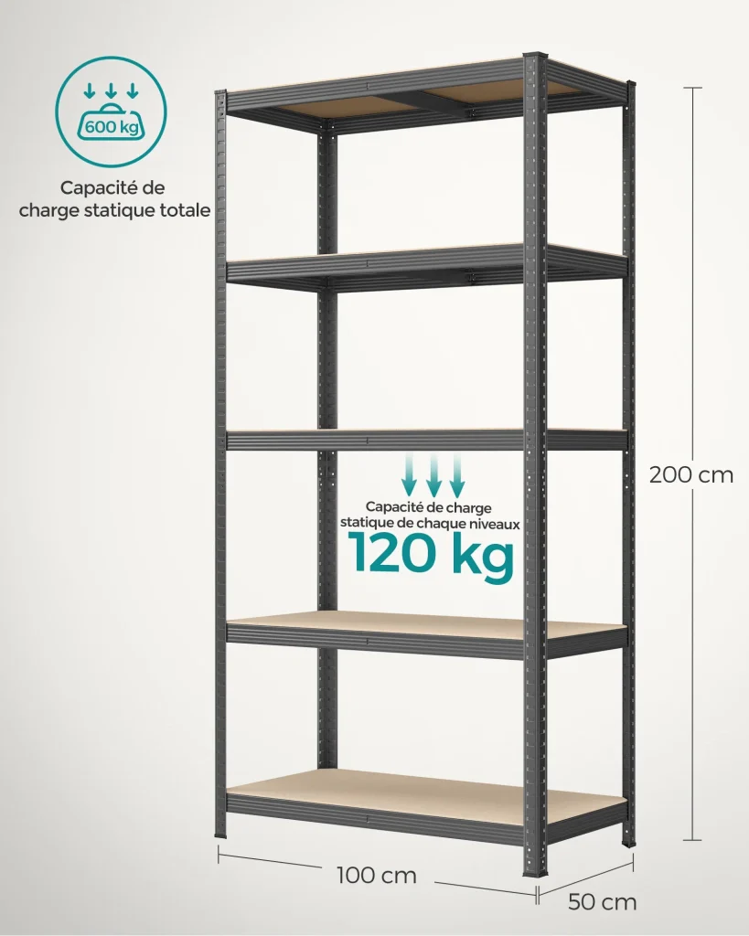 Scaffalatura metallica per carichi pesanti 200 x 100 x 50 cm 5 ripiani portata totale 875 kg (175 kg/ripiano) ripiani regolabili per garage/cantina nero 12_0005593 - Image 4