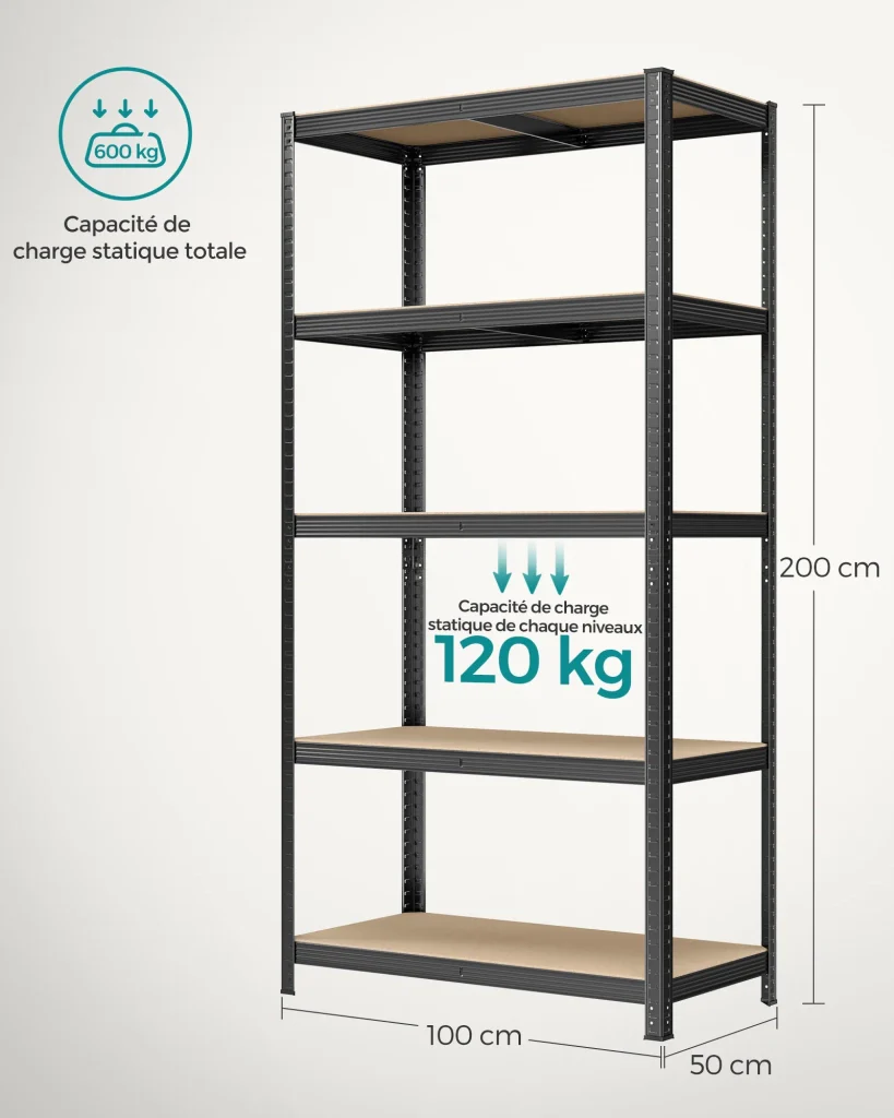 Scaffalatura metallica per carichi pesanti 200 x 100 x 50 cm 5 ripiani portata totale 875 kg (175 kg/ripiano) ripiani regolabili per garage/cantina nero 12_0005588 - Image 4