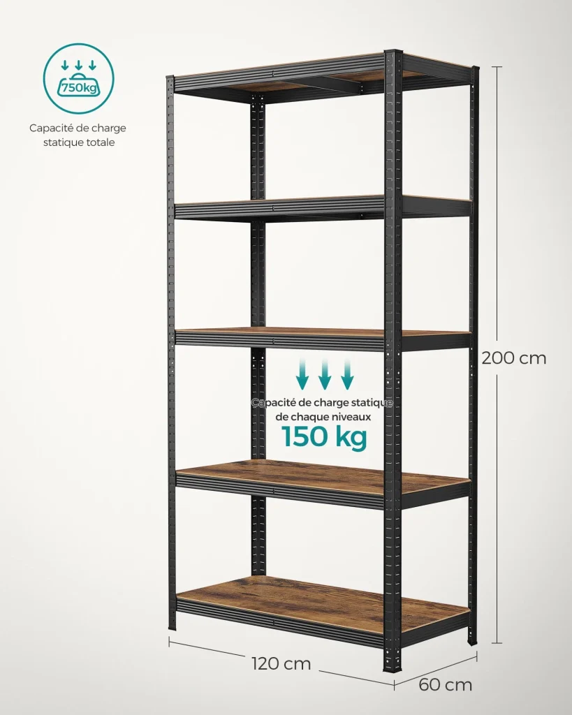 Mobiletto portaoggetti in acciaio per carichi pesanti a 5 ripiani montaggio senza attrezzi ripiano da garage per cassette degli attrezzi capacità di carico 875 kg 60 x 120 x 200 cm nero 12_0005577 - Image 3