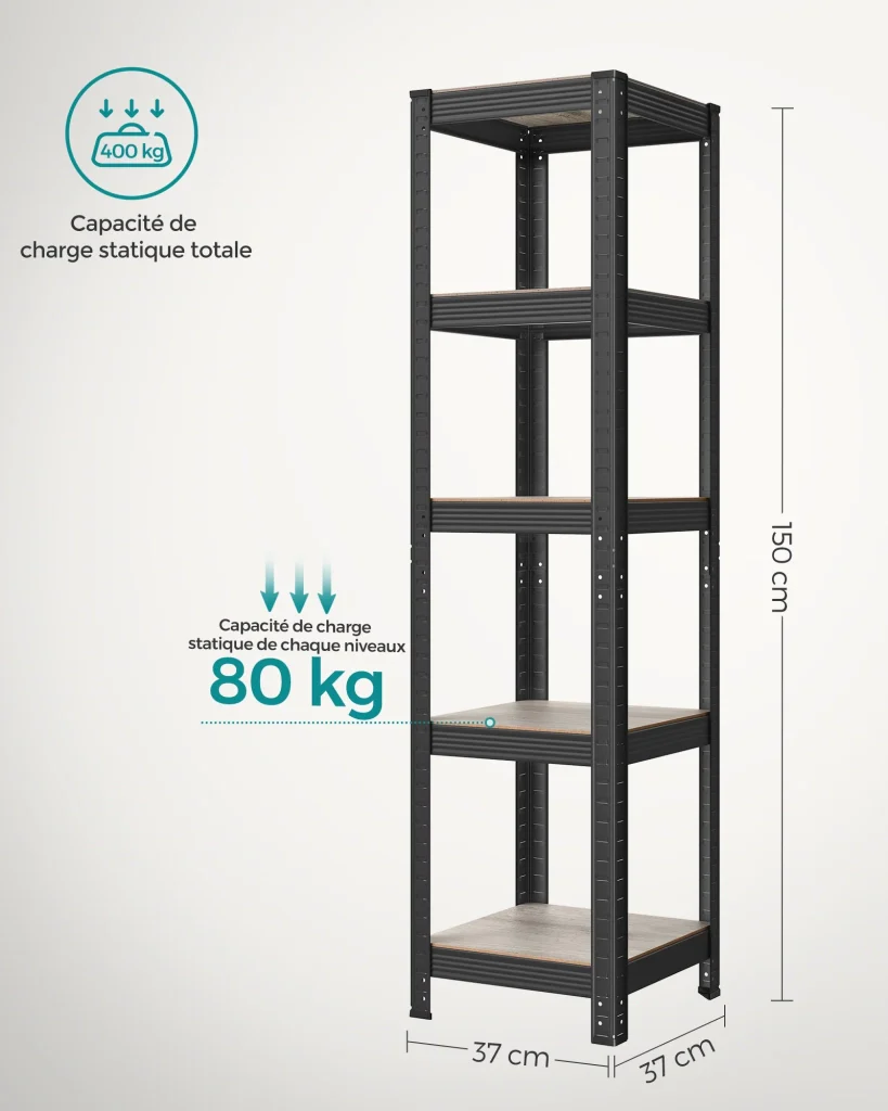 Scaffale a 5 ripiani per carichi pesanti 150 x 37 x 37 cm capacità di carico 400 kg (80 kg/ripiano) stile industriale ripiani regolabili per soggiorno/cucina nero 12_0005568 - Image 4
