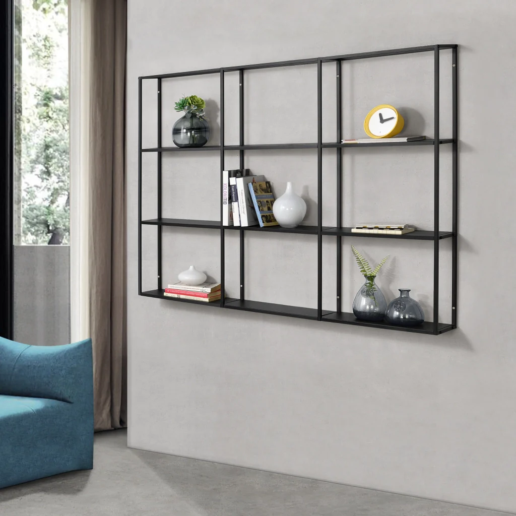 Scaffale da Parete Jelsa in Ferro Libreria Sospesa con 9 Scomparti 130x18x110 cm Nero [en.casa]
