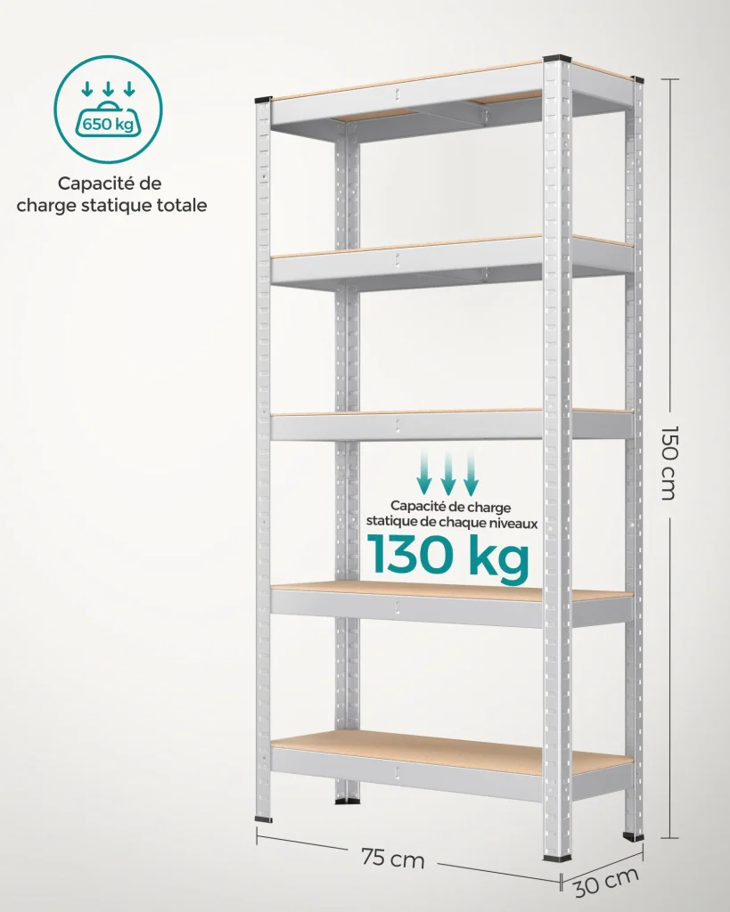 Scaffale a 5 ripiani per carichi pesanti 150 x 75 x 30 cm capacità di carico totale 650 kg (130 kg/ripiano) stile industriale ripiani regolabili per soggiorno/cucina grigio 12_0005445 - Image 4