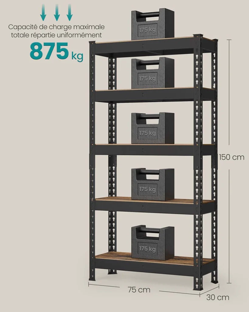 Scaffale per carichi pesanti scaffale portaoggetti scaffale da cucina 5 ripiani 30 x 75 x 150 cm portata 875 kg per cantina garage ufficio nero 12_0005791 - Image 4