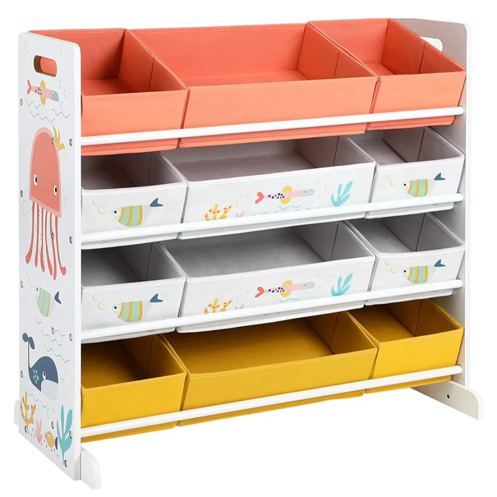 Scaffale portagiochi per bambini con 12 cestini in tessuto non tessuto organizer giochi libri per sala giochi camera da letto bianco 12_0005799