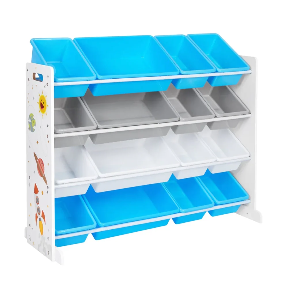 Scaffale porta giocattoli mobiletto portaoggetti per bambini organizer con 16 contenitori porta giocattoli in plastica rimovibili bianco e blu 12_0005798