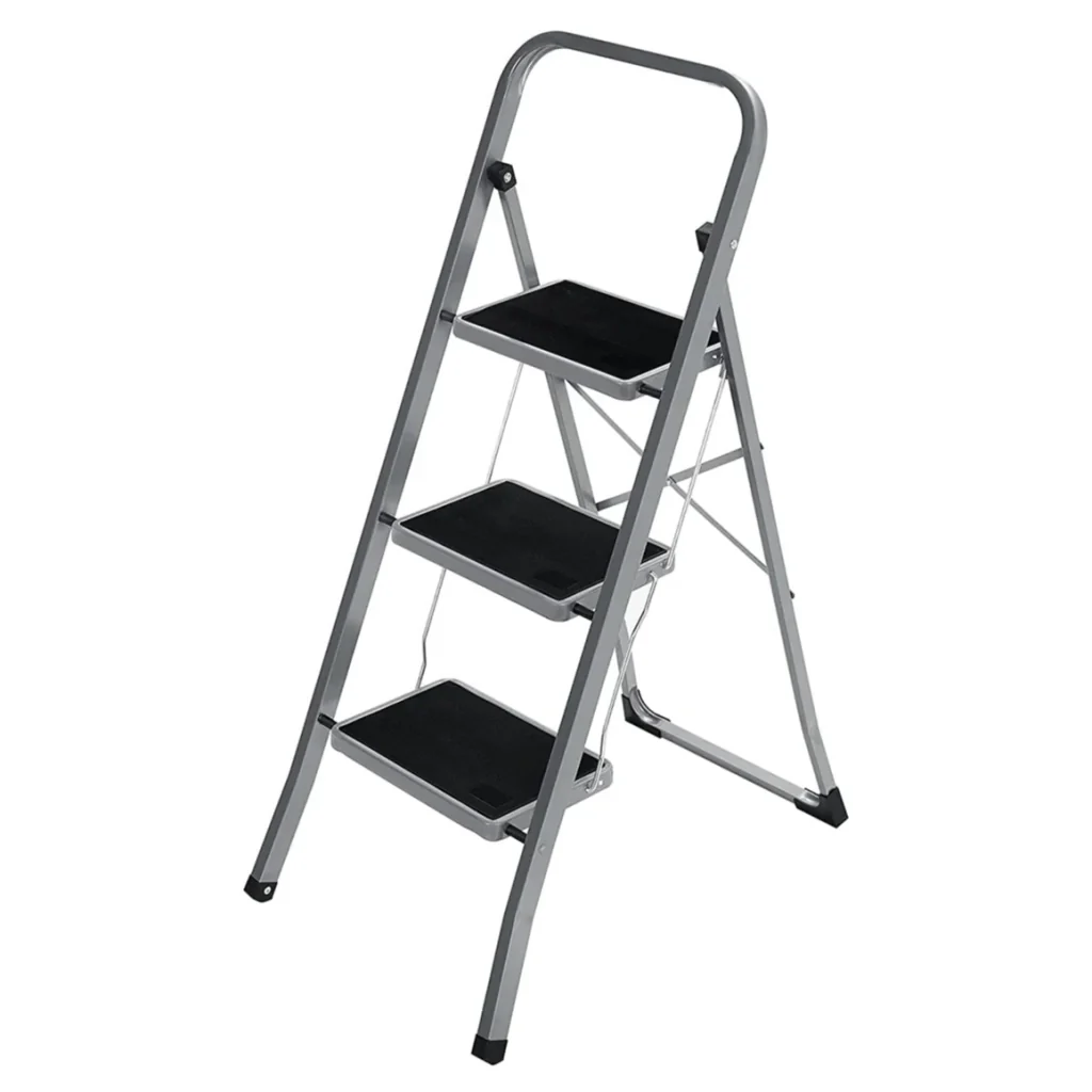 Scala domestica pieghevole a 3 gradini larghezza gradini 20 cm superficie antiscivolo con corrimano portata 150 kg acciaio grigio 12_0005324
