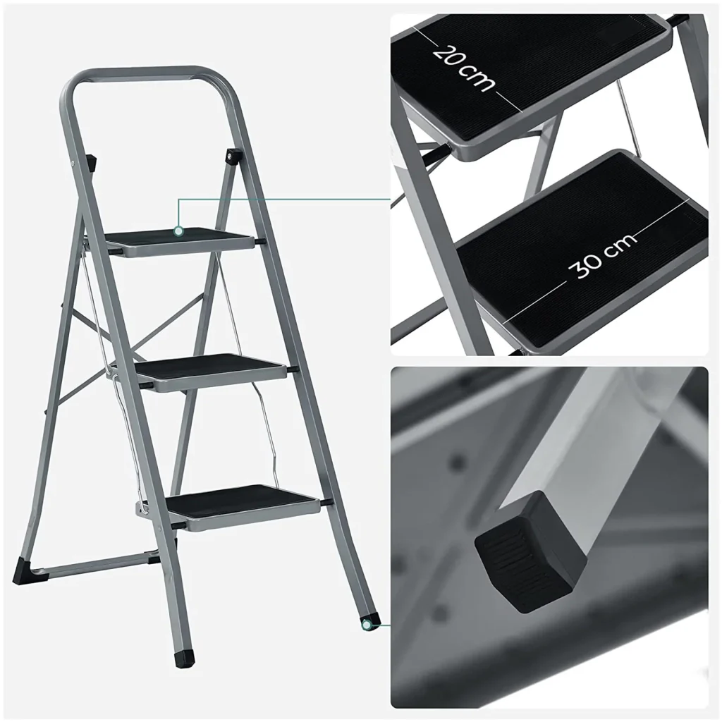 Scala domestica pieghevole a 3 gradini larghezza gradini 20 cm superficie antiscivolo con corrimano portata 150 kg acciaio grigio 12_0005324 - Image 2