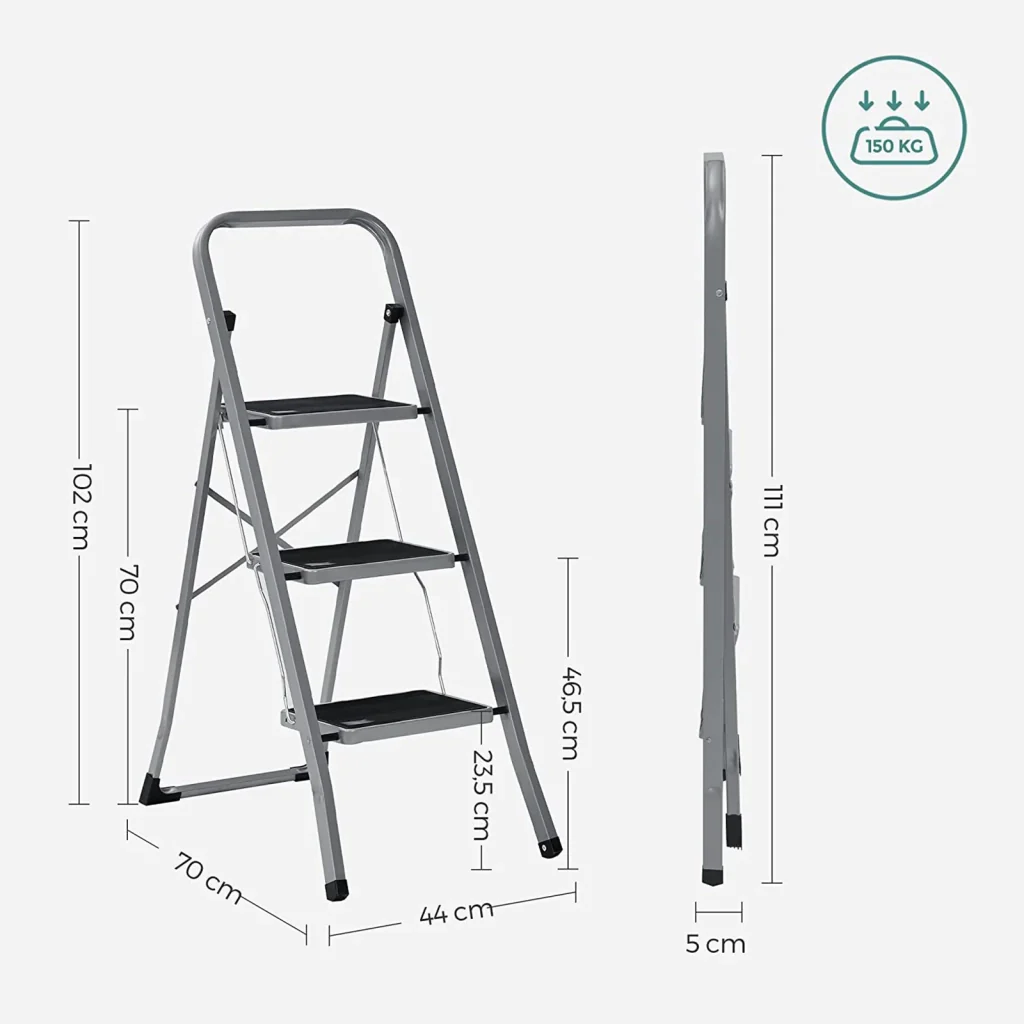 Scala domestica pieghevole a 3 gradini larghezza gradini 20 cm superficie antiscivolo con corrimano portata 150 kg acciaio grigio 12_0005324 - Image 3