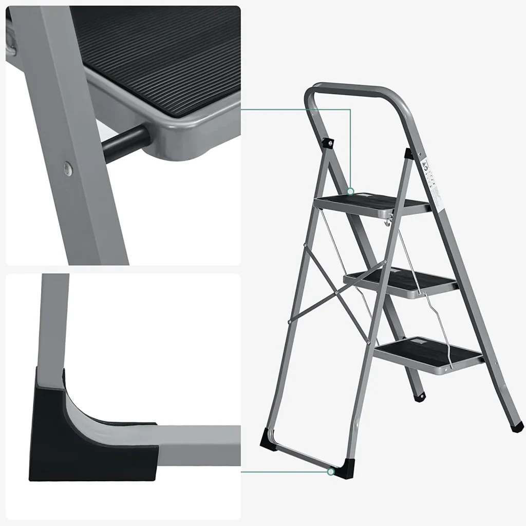 Scala domestica pieghevole a 3 gradini larghezza gradini 20 cm superficie antiscivolo con corrimano portata 150 kg acciaio grigio 12_0005324 - Image 5