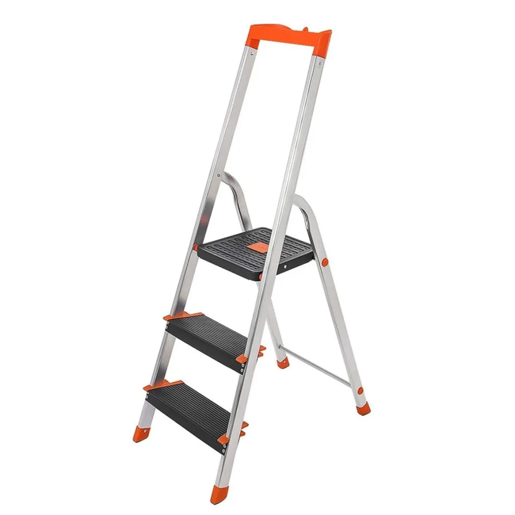 Scala pieghevole in alluminio a 3 gradini con gradini larghi 12 cm piedini antiscivolo scanalati corrimano portautensili capacità di carico 150 kg argento 12_0001918