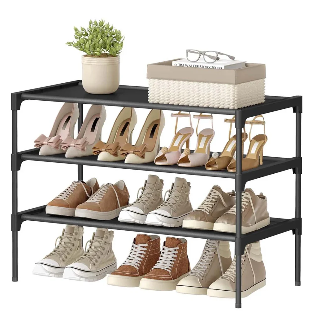 Scarpiera a 3 ripiani porta scarpe per ingresso/corridoio salvaspazio 297 x 623 x 535 cm struttura in metallo ripiani in tessuto non tessuto nero 12_0008041