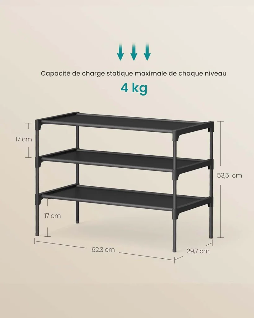 Scarpiera a 3 ripiani porta scarpe per ingresso/corridoio salvaspazio 297 x 623 x 535 cm struttura in metallo ripiani in tessuto non tessuto nero 12_0008041 - Image 5