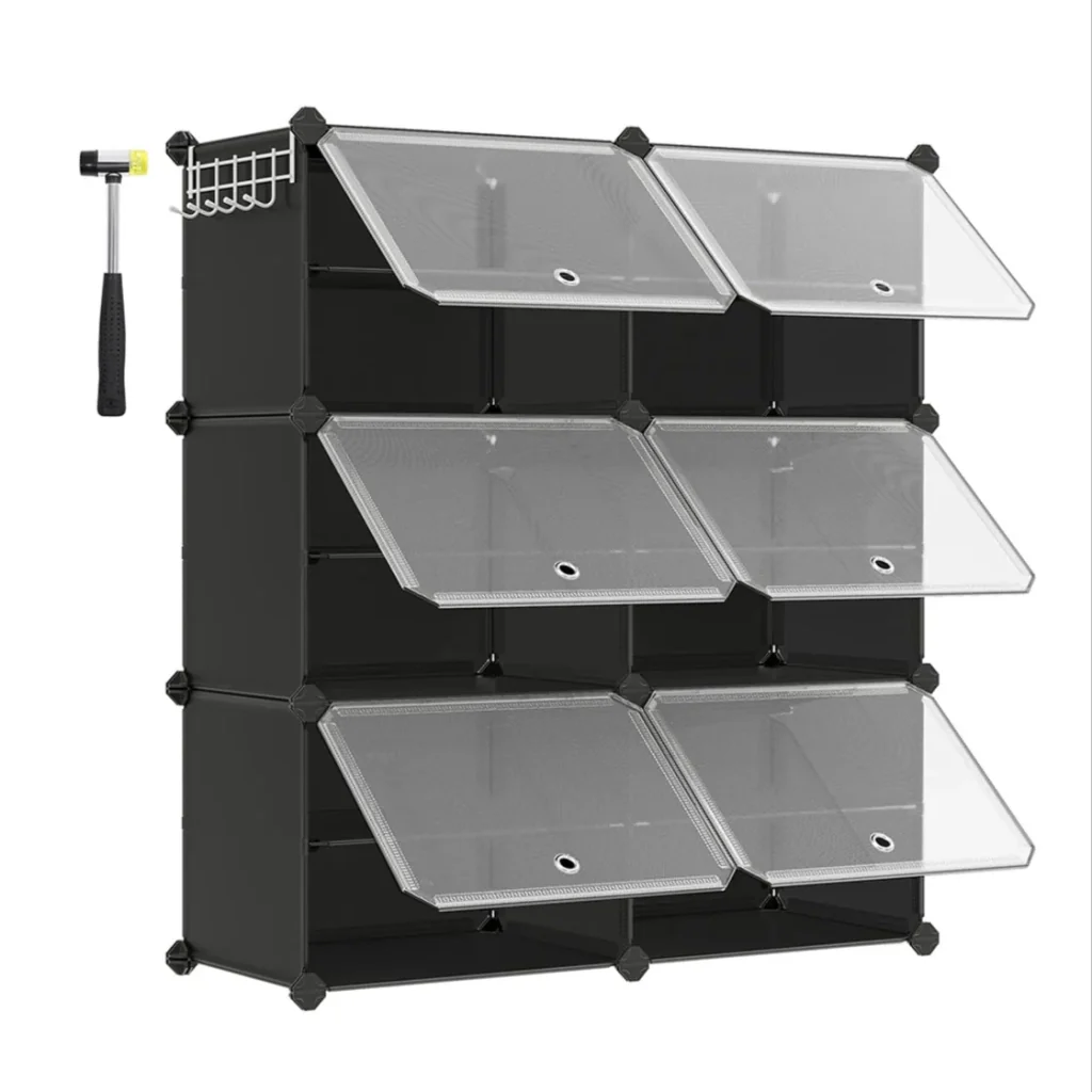 Scarpiera a 6 scomparti ripiano portaoggetti modulare scomparto 30 x 40 x 30 cm con anta struttura in acciaio pannelli in plastica nera 12_0007322
