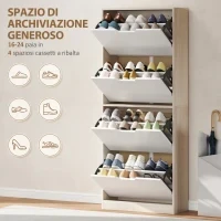 Scarpiera Salvaspazio Slim a 4 Cassetti per 20 Paia di Scarpe 62.5x26x156 cm, color Legno e Bianco - Image 4