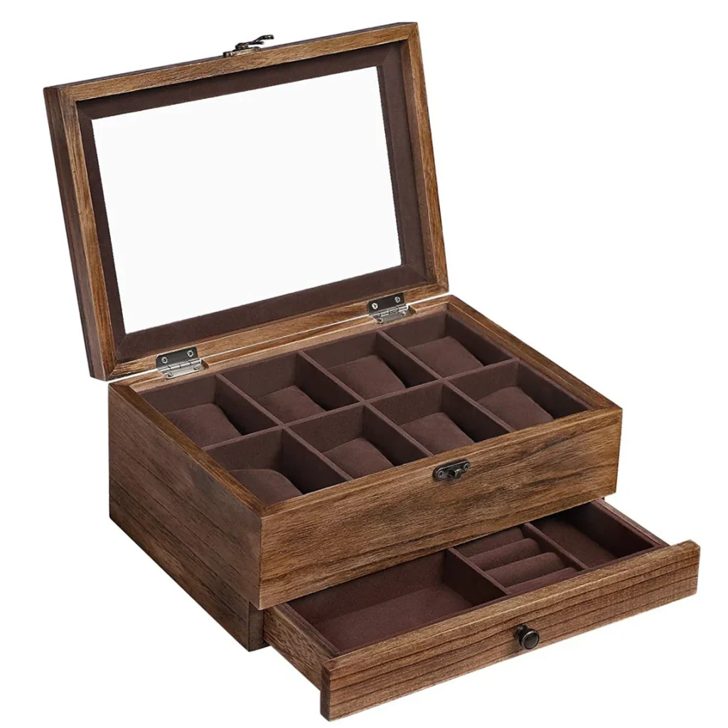 Scatola per orologi vetrina per gioielli scatola per gioielli in legno massello a 8 scomparti con anta in vetro e cuscini per anelli e braccialetti regalo di Natale marrone 12_0004390